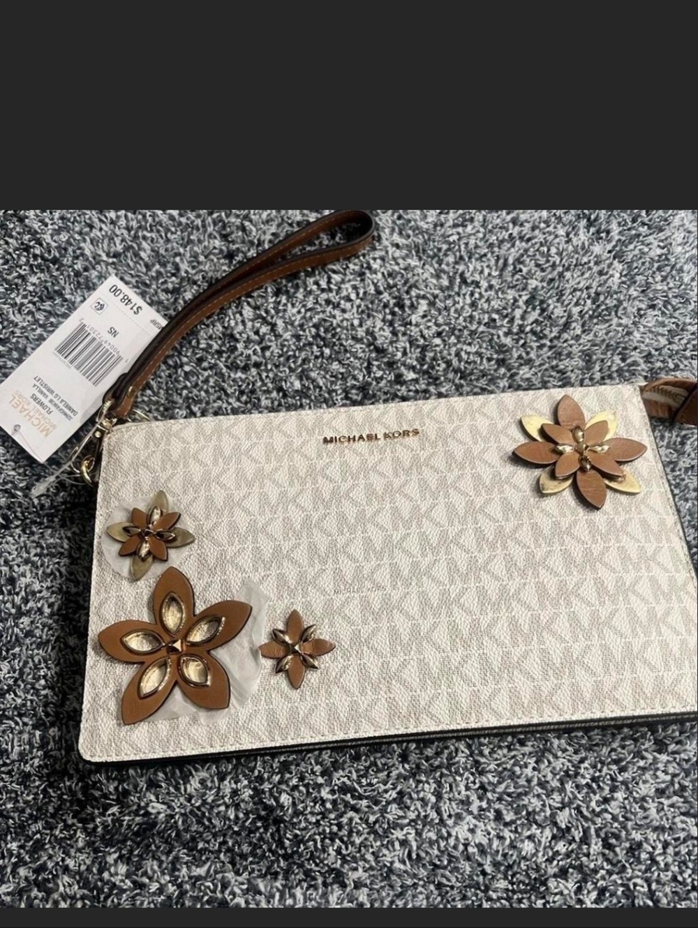 Michael Kors Cream/White Logo Wristlet with Brown & Gold Floral Accents NWOT